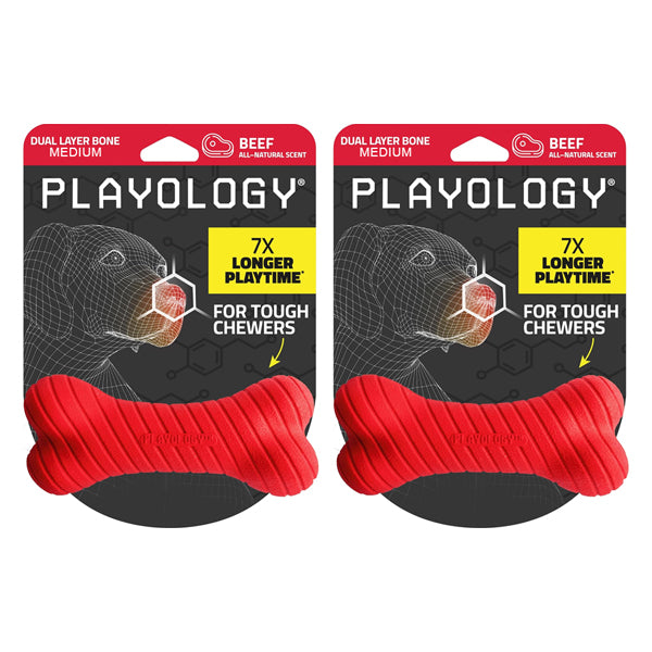 Two packs of Playology Dual Layer Engaging All Natural Beef Scented Dog Toys, medium size, are designed for tough chewers and crafted to last seven times longer.